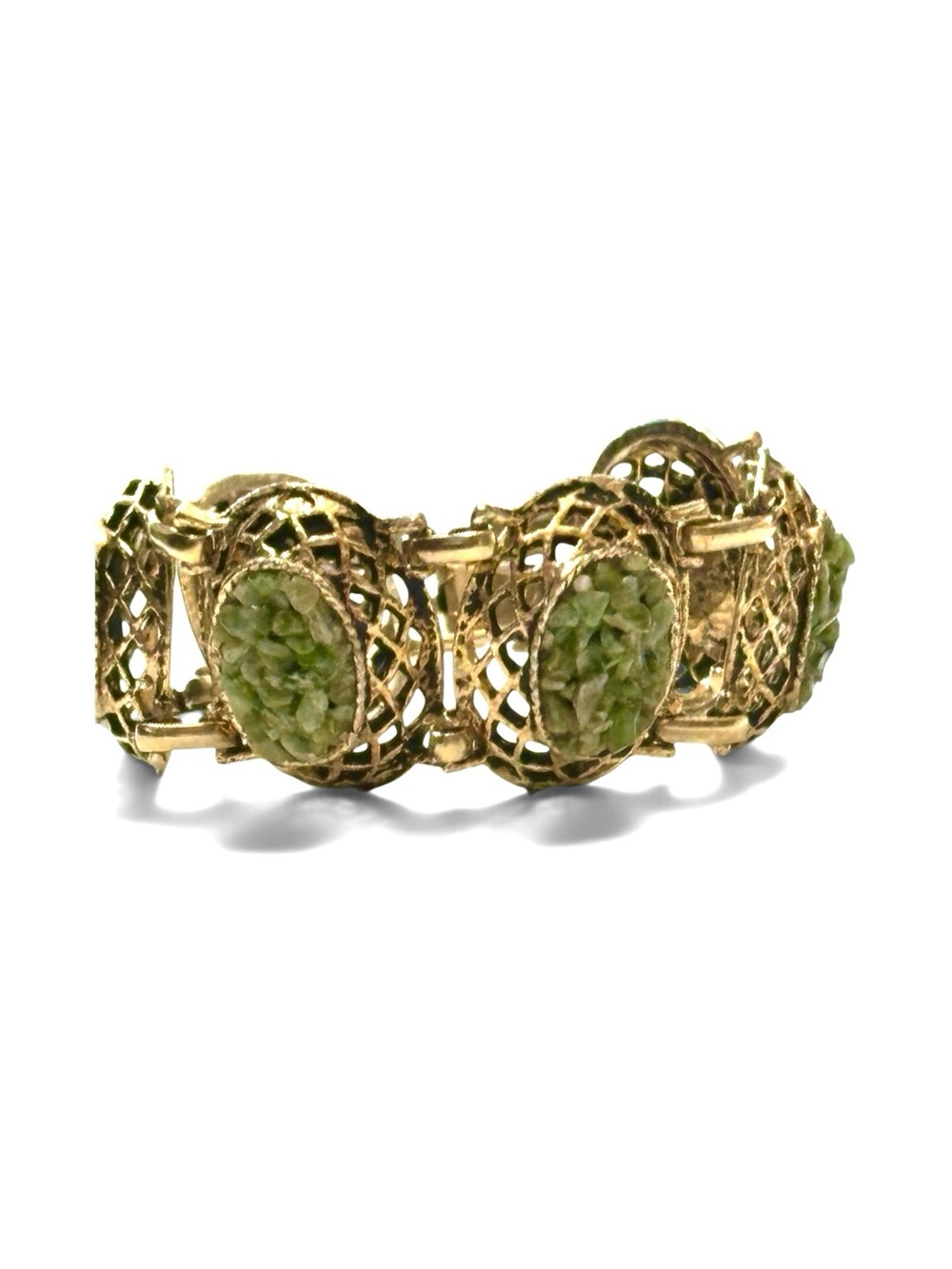 Vintage 1960s Century Signed Jade Chip Gold Tone Panel Link Bracelet Statement